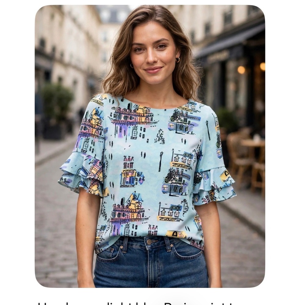 Pappagallo Paris Cityscape Print Ruffle Sleeve Blouse Light Blue Small